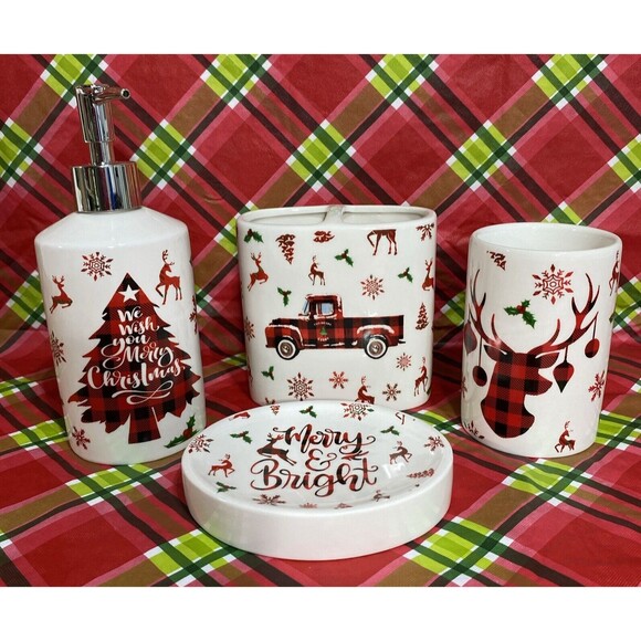 Other - Christmas Bathroom Accessory Sets of 4, Reindeer Christmas Bathroom Decor, Ba...